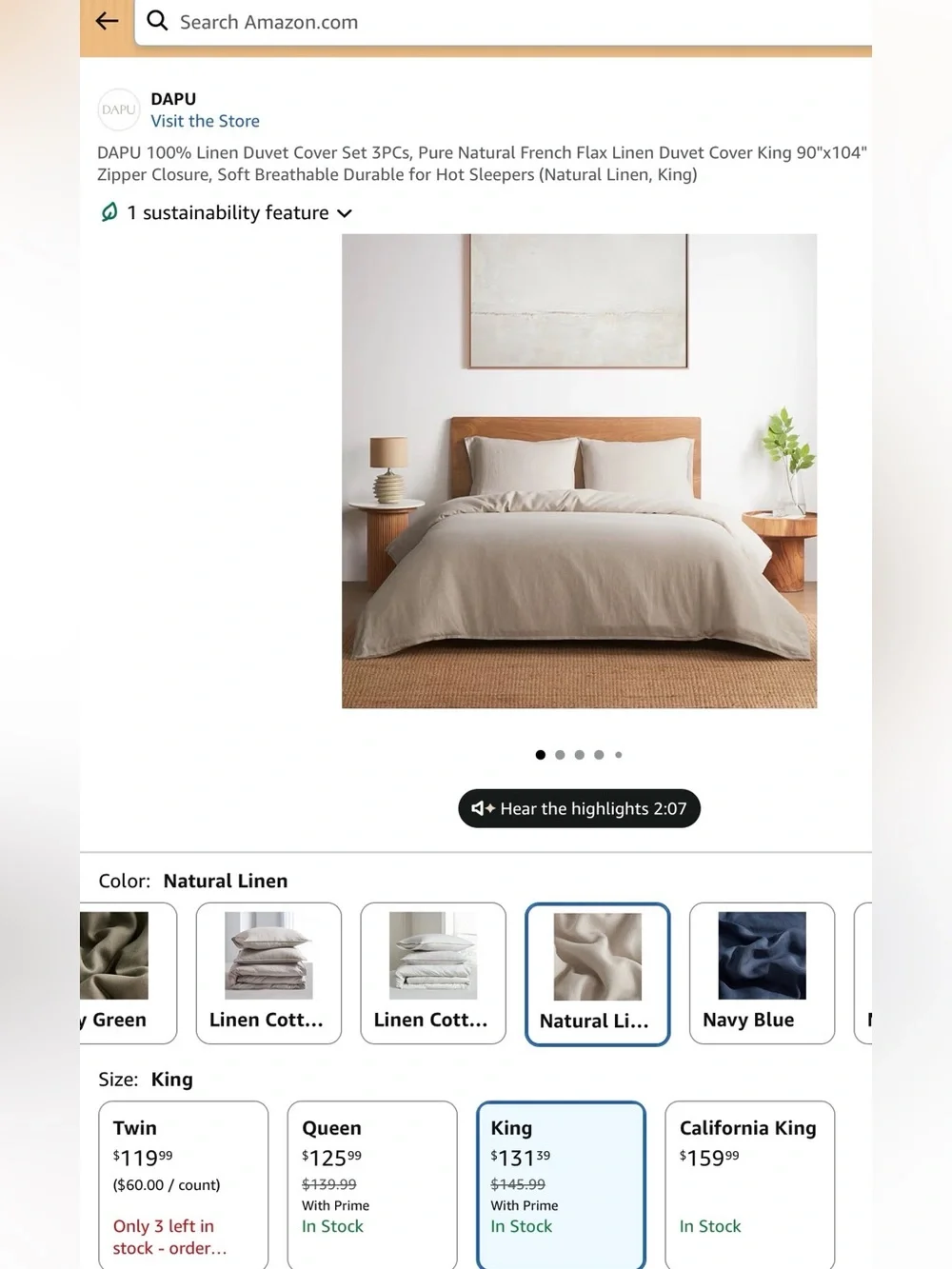 KING DUVET COVER 100% FRENCH LINEN + 2 PILLOW SHAMS Color: NATURAL LINEN